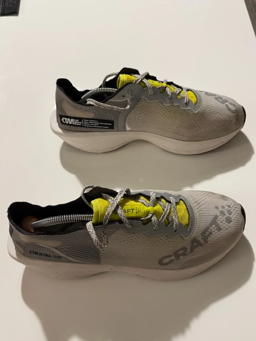 Craft Lightweight Neutral Gray Running Shoes with Bright Yellow Accents
